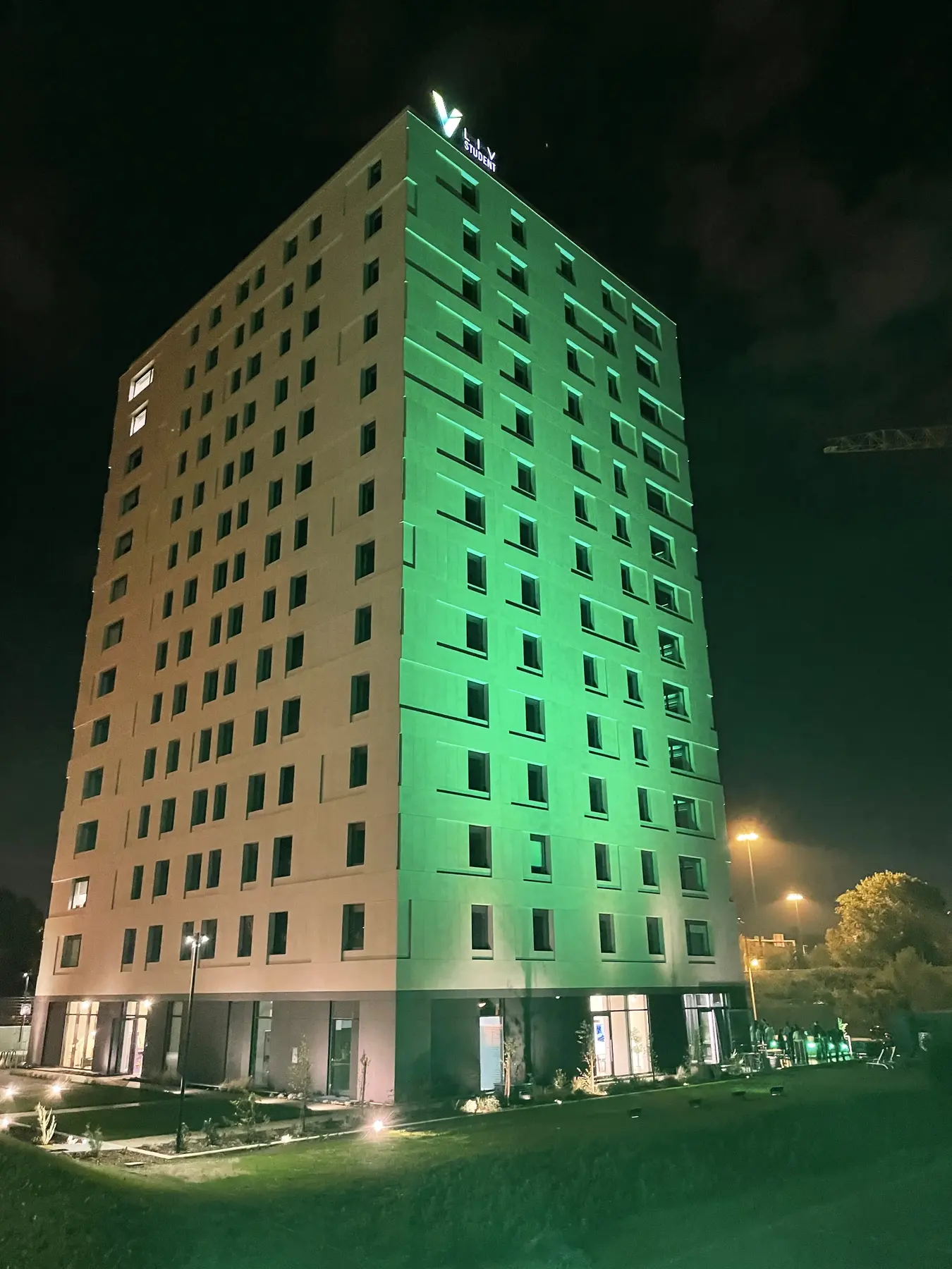Porto Polo Universitario student residence illuminated at night
