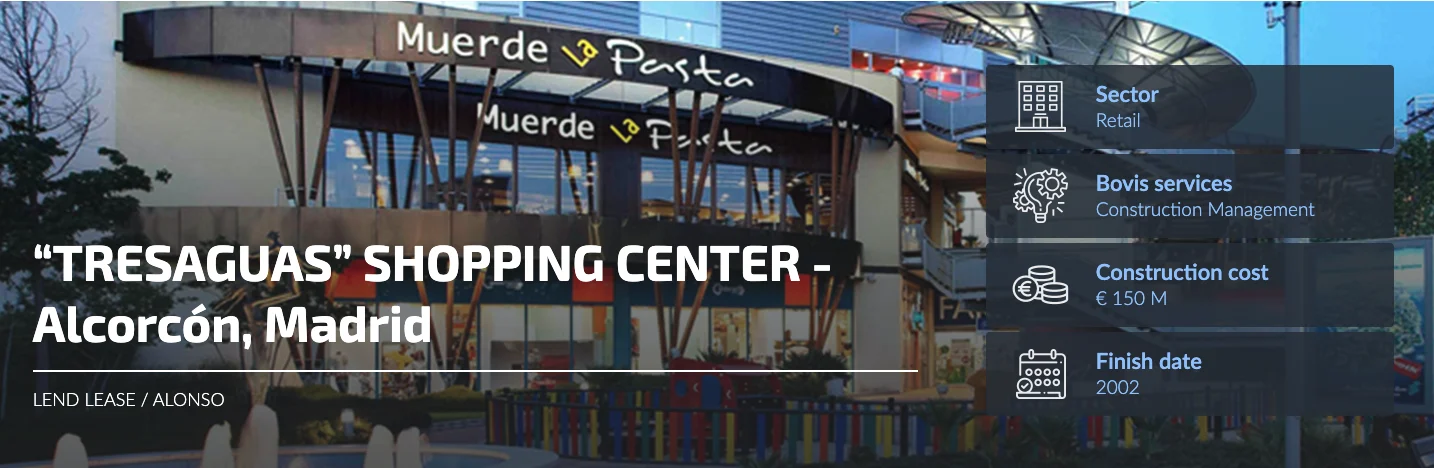 Bovis project graphic for Tres Aguas Shopping Center in Alcorcón, Madrid, with retail sector and construction project details